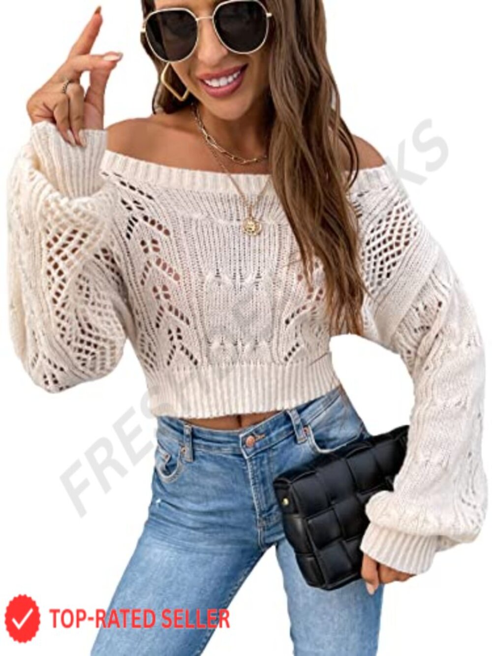 Off Shoulder Bishop Sleeve Pointelle Knit Sweater Crop Top